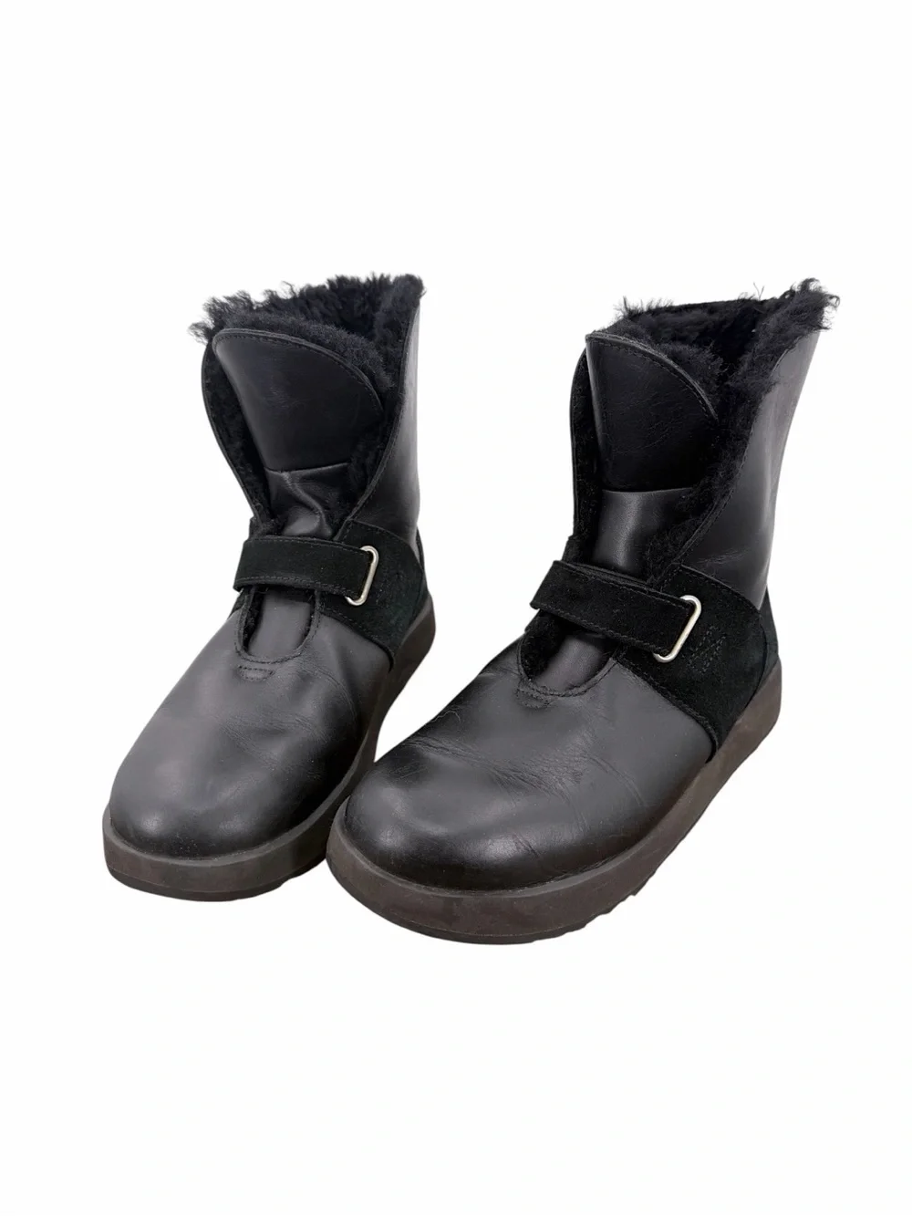 UGG Black Leather Shearling Buckle Boots Vibram Arctic Grip Waterproof 9